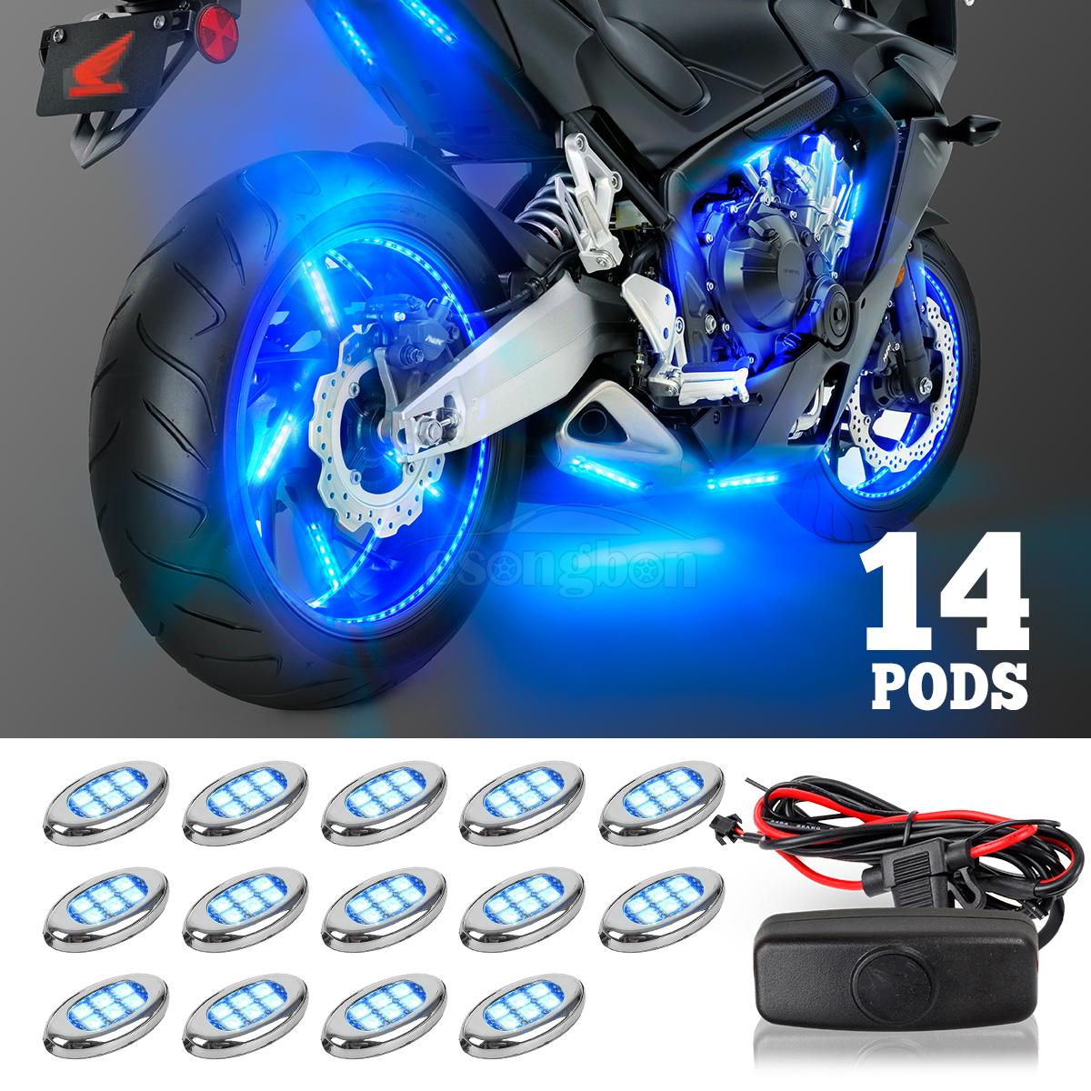 84LED Blue Light Pods Motorcycle Accent Under Glow Neon Light Kit Push