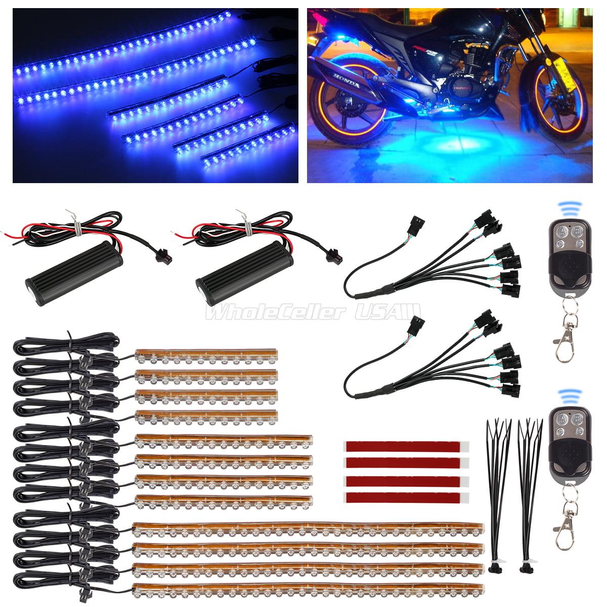 12pcs Blue LED Flexible Strip Motorcycle Engine Accent Light Kit Remote